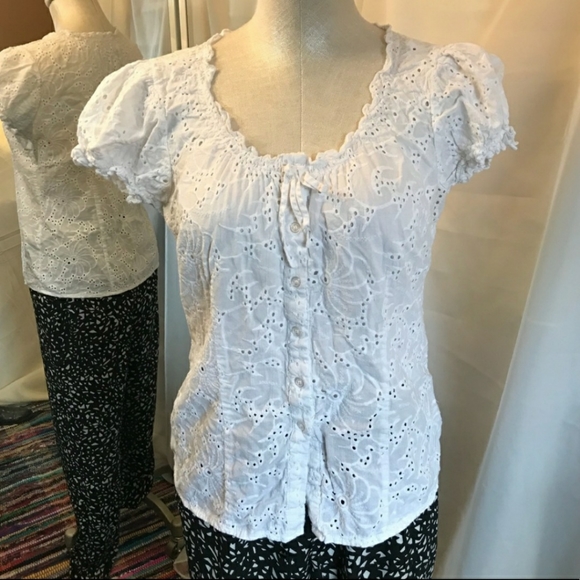 grand & greene Tops - Grand & Greene White Eyelet Button Up Top Junior